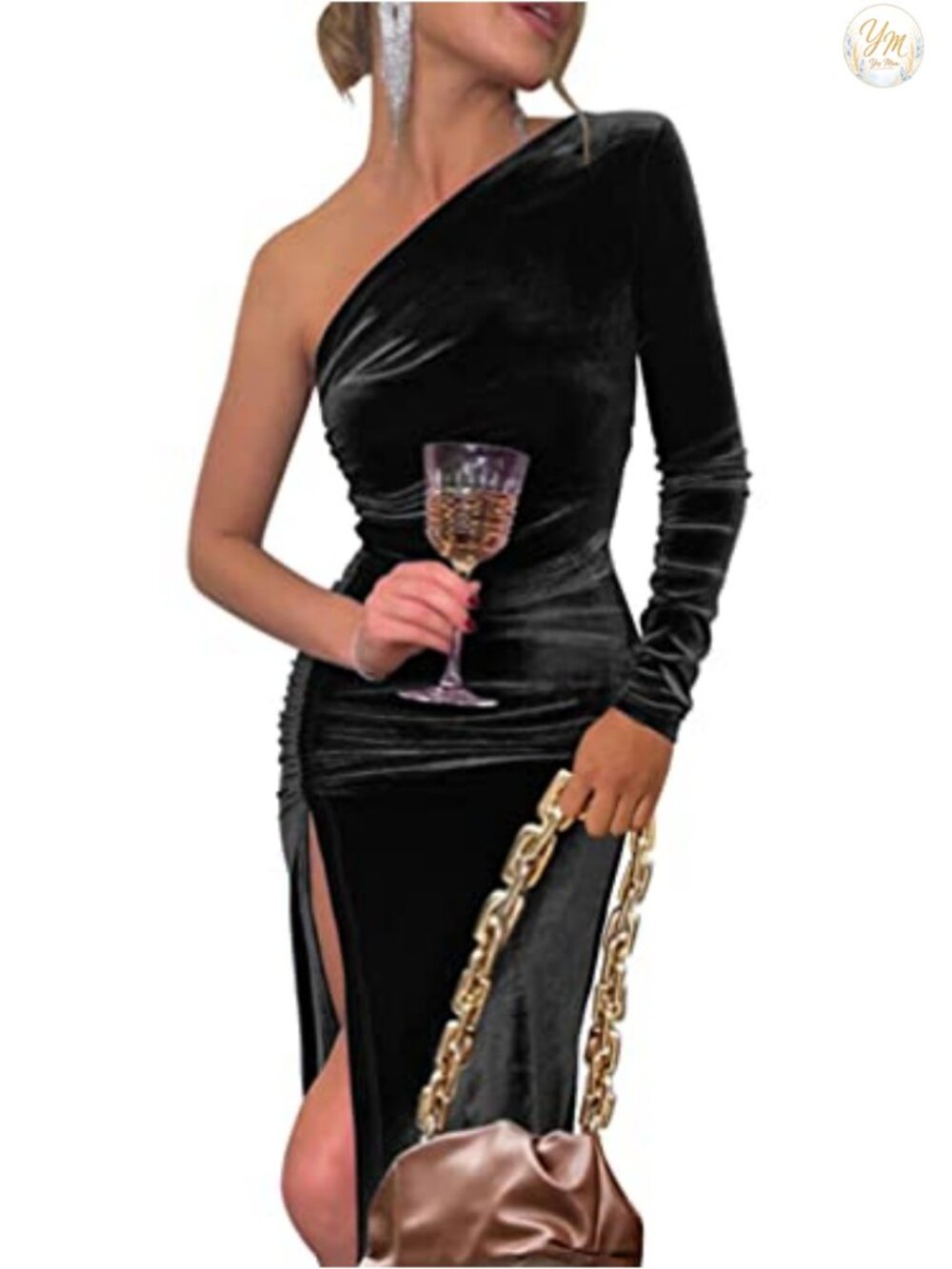 One Shoulder Long Sleeve Ruched Slit Party Dress Women's Velvet Bodycon Midi